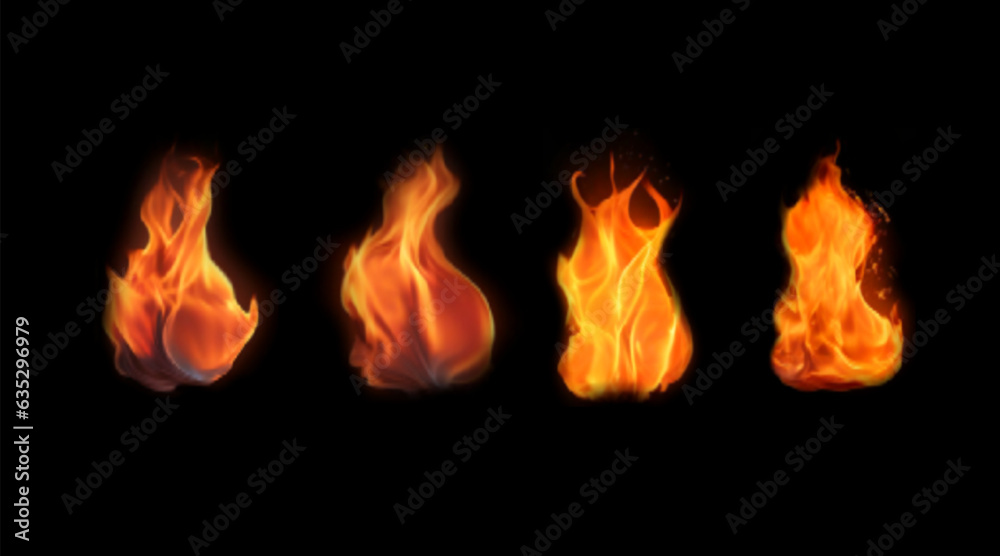 Burning flames. Realistic vector illustration. Set of fire elements ...