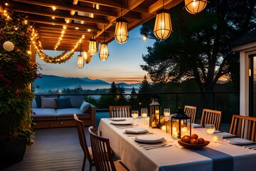 View over cozy outdoor terrace with outdoor string lights. Autumn evening on the roof terrace of a beautiful house with lanterns, 