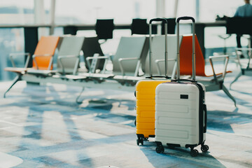 Wall Mural - Two suitcases in an empty airport hall, traveler cases in the departure airport terminal waiting for the area, vacation concept, blank space for text message or design