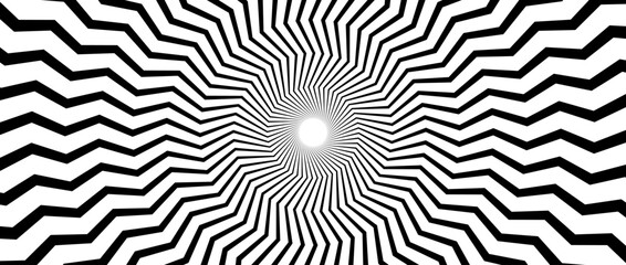 Poster - Optical illusion background. Black and white zigzag lines surface. Radial abstract sunburst poster design. Hypnotic illusion wallpaper. Vector horizontal ornamental illustration