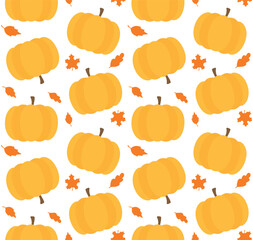 Wall Mural - Vector seamless pattern of flat pumpkins and leaves isolated on white background