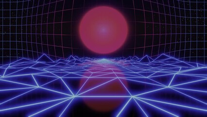 Wall Mural - synthwave animated background. 80s wireframe landscape. retro future perspective grid. retrowave sty