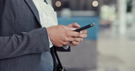 Wall Mural - Business person, phone and hands typing at office in communication, social media or networking. Closeup of employee texting, chatting or scrolling on mobile smartphone or online app at the workplace