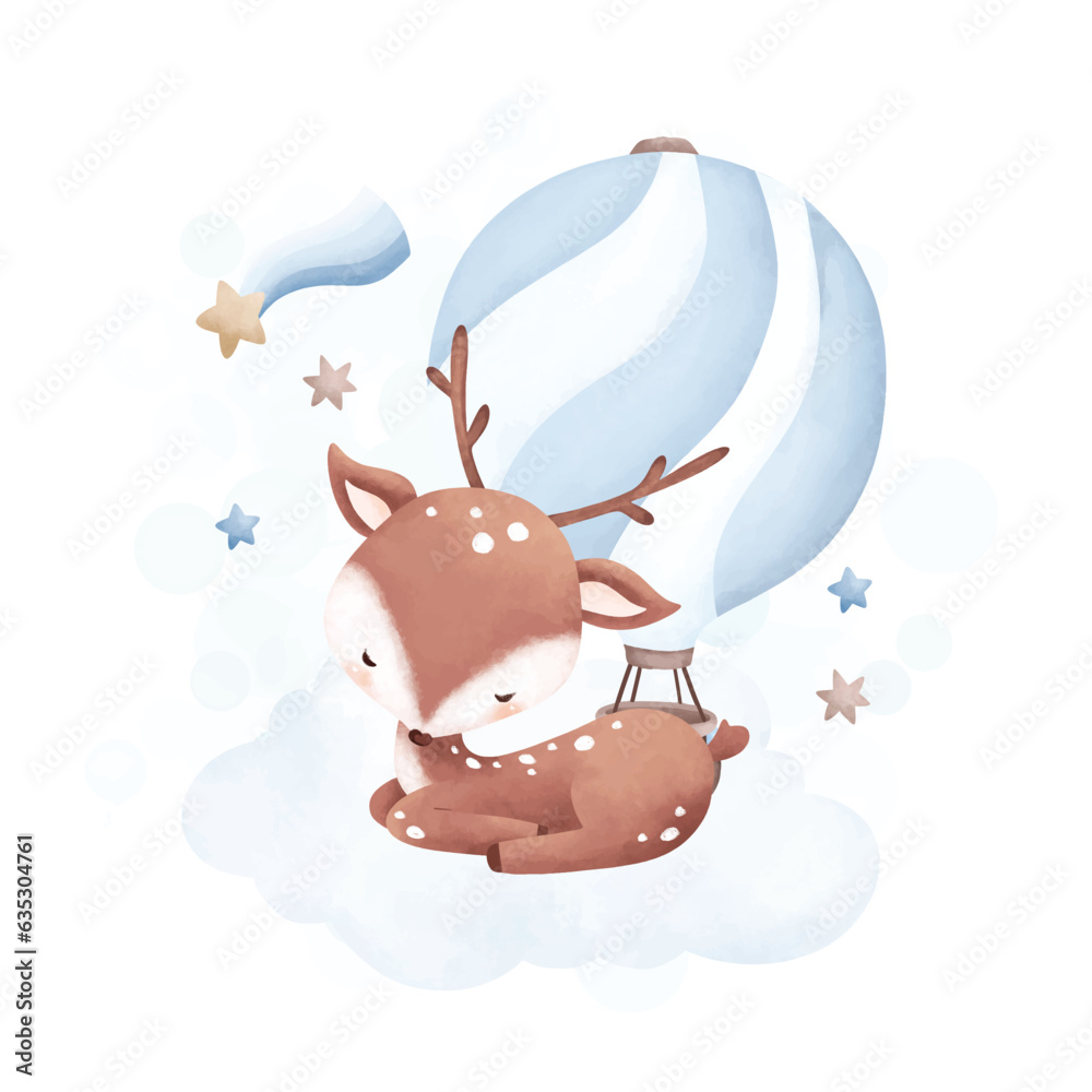 Watercolor illustration cute baby deer sleeps on cloud with blue hot ...