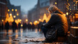 a destitute man sits against the backdrop of a bright festive city illumination.the concept of loneliness and social support