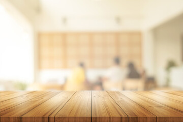 Wall Mural - Empty wooden table top with blurred coffee shop or restaurant interior background.