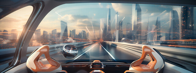 Wall Mural - futuristic self driving car in highway, futuristic concept, ultra HD, modern city