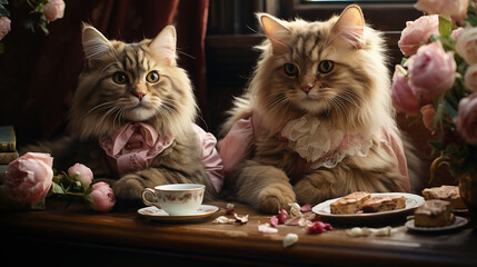 Wall Mural - Two cats sitting at a table with tea and teapot.