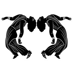 Wall Mural - Symmetrical ethnic design with two dancing ancient Greek women bent back. Black and white silhouette.