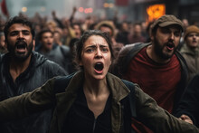 Aggressive emigrant rebel crowd protesting screaming angry woman covered in blood outdoors