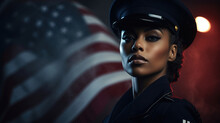 Portrait Of Proud Afro American Woman Police Officer In Uniform Against Background Of Usa American Flag, Copy Space
