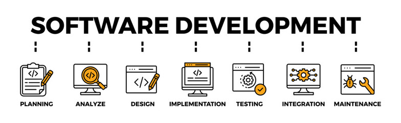 Software development banner web icon vector illustration concept with icon of planning, analyze, design, implementation, testing, integration, and maintenance