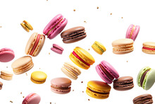 Various Colorful Of Macarons Floating On The Air Isolated On Clean Png Background, Desserts Sweet Cake Concept, With Generative Ai.