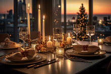 Elegant Table Setting With Beautyful Flowers, Candles And Wine Glasses In Restaurant. Selective Focus. Christmas 