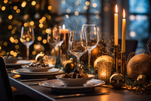 Romantic Dinner Place Setting With Plates And Cutlery On Table. Christmas Theme. 