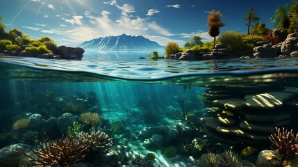 Wall Mural - Underwater view of tropical paradise fish and corals. The concept of diving and vacation in nature. AI generated