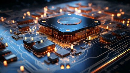 Poster - Futuristic computer microchips and microchips with processors and transistors for artificial intelligence. AI generated