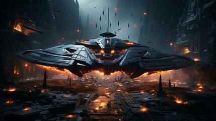 Futuristic spaceship on an alien planet. AI generated