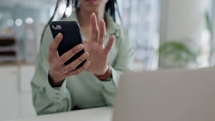 Aufkleber - Business woman, hands and phone in research, communication or online networking on office desk. Closeup of female person or employee working on laptop and mobile smartphone app at the workplace