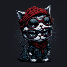 Striking Illustration Of A White Cat With Two Distinct Faces Wearing Vibrant Red Glasses Against A Black Background Is A Whimsical And Captivating Visual.