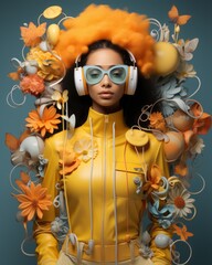 Wall Mural - Young woman wears headphones for music and sunglasses, the girl wears a yellow suit, flowers are around her, blue beckground