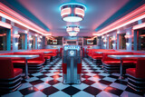 Fototapeta Londyn - A classic diner  capturing the essence of the 1950s, showcasing the checkerboard floors, chrome accents, and the warmth of the neon signs