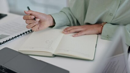 Poster - Business woman, hands and writing in book for schedule reminder, tasks or planning on office desk. Closeup of female person employee taking notes with pen in notebook, agenda or calendar at workplace