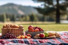 Picnic Basket With Fruit And Vegetables On A Blanket In The Park. Summer Picnic With Fresh Fruits And Croissants In The Garden. Selectiv Focus.