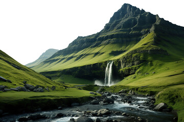 beautiful mountain landscape with peak and green valley with river and waterfall. isolated on transp