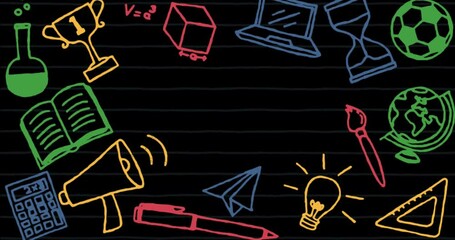 Poster - Animation of multiple school concept icons against copy space on black chalkboard background
