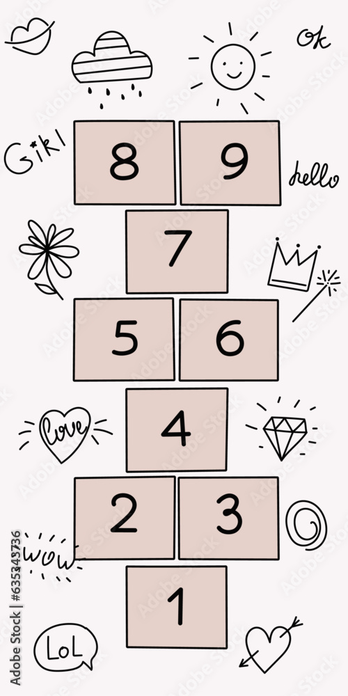 Hand draw hopscotch children game Cute vector illustration of a