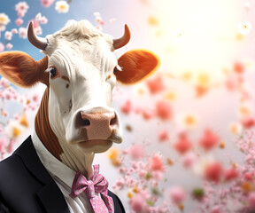 Creative animal concept. Cow in smart suit, surrounded in a surreal garden full of blossom flowers floral landscape. advertisement commercial editorial banner card.

