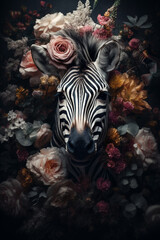 Wall Mural - Zebra abstract portrait with flowers and leaves. Creative animal portrait. Generative Ai.