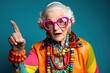 Funny grandmother portraits. Senior old woman dressing elegant for a special event. Granny fashion model on colored backgrounds.