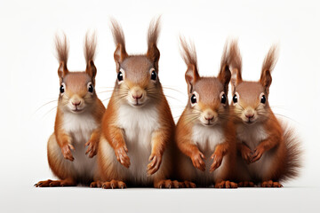 Image of family group of red squirrels on white background. Wildlife Animals. Illustration, Generative AI.