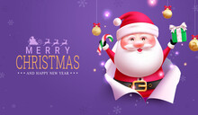 Merry Christmas Text Vector Design. Christmas Santa Claus Character In Hole Torn Paper Background Holding Gift Box And Candy Cane. Vector Illustration Greeting Card In Purple Background.
