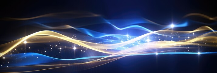 Poster - Abstract background with gold and blue glowing neon moving high speed wave lines and bokeh lights