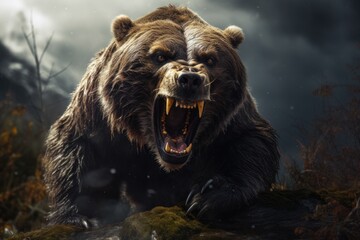Wall Mural - angry bear hunts its prey