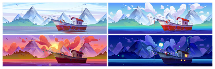 Wall Mural - Ship in ocean at night, sunset, dawn and day time cartoon illustration. Fishery trawler in sea game northern environment panoramic landscape set with nobody. Float vessel marine nature scene