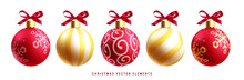 Christmas Balls Elements Vector Set Design. Christmas Balls In Red And Gold Color With Elegant Pattern For Xmas Season Elegant Bauble Decoration. Vector Illustration Seasonal Elements Collection.
