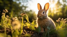 Cute Brown Rabbit Sitting On A Green Field With Natural Sunlight