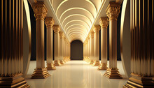  3d Rendering Gold Corridor Pillars Background Render, Background With Columns, Ai Generated Image 