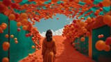 Fototapeta  - A woman standing in a tunnel of orange balls