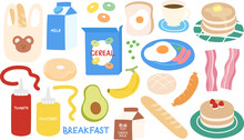 Breakfast Elements Of Pancake, Milk, Cereal, Coffee, Bread, Fried Egg, Avocado, Bacon, Sausage, Banana, Ketchup And Mustard Sauce, Donut, Chocolate Milk For Food Logo, Picnic Sticker, Grocery Icon