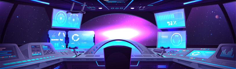 Poster - interior of spaceship control cabin with various control stations and panels, monitors. spacecraft o