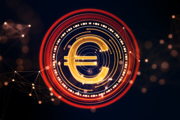 Aufkleber - Abstract red digital euro coin with polygonal bokeh mesh on blurry background. Online banking and trade concept. 3D Rendering.