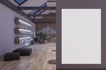 Poster - Modern loft office interior with empty white mock up banner, wooden flooring, equipment, furniture and ceiling windows with night sky view. 3D Rendering.