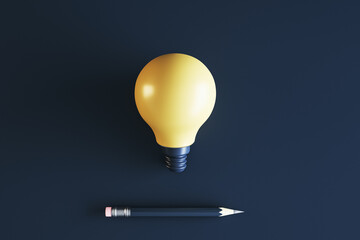 Wall Mural - Light bulb and pencil on dark blue background, copywriting concept. 3D rendering