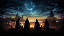 Pagan Ritual: Hooded Silhouettes Gathered Around Fire Under Starry Night