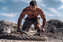 A Strong And Muscular Man Trains On The Ropes, Doing A Difficult, High-effort Workout. The Concept Of Training And Keeping Fit. Generative Ai, Ai.